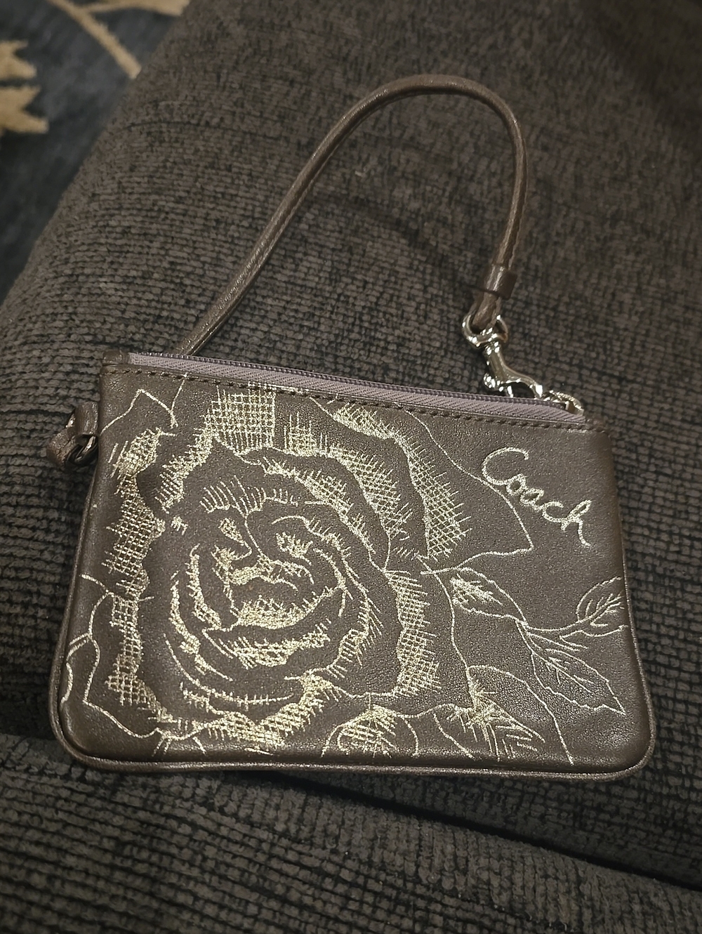 Coach Metallic Brown Wristlet with Gold Rose Embroidery Look